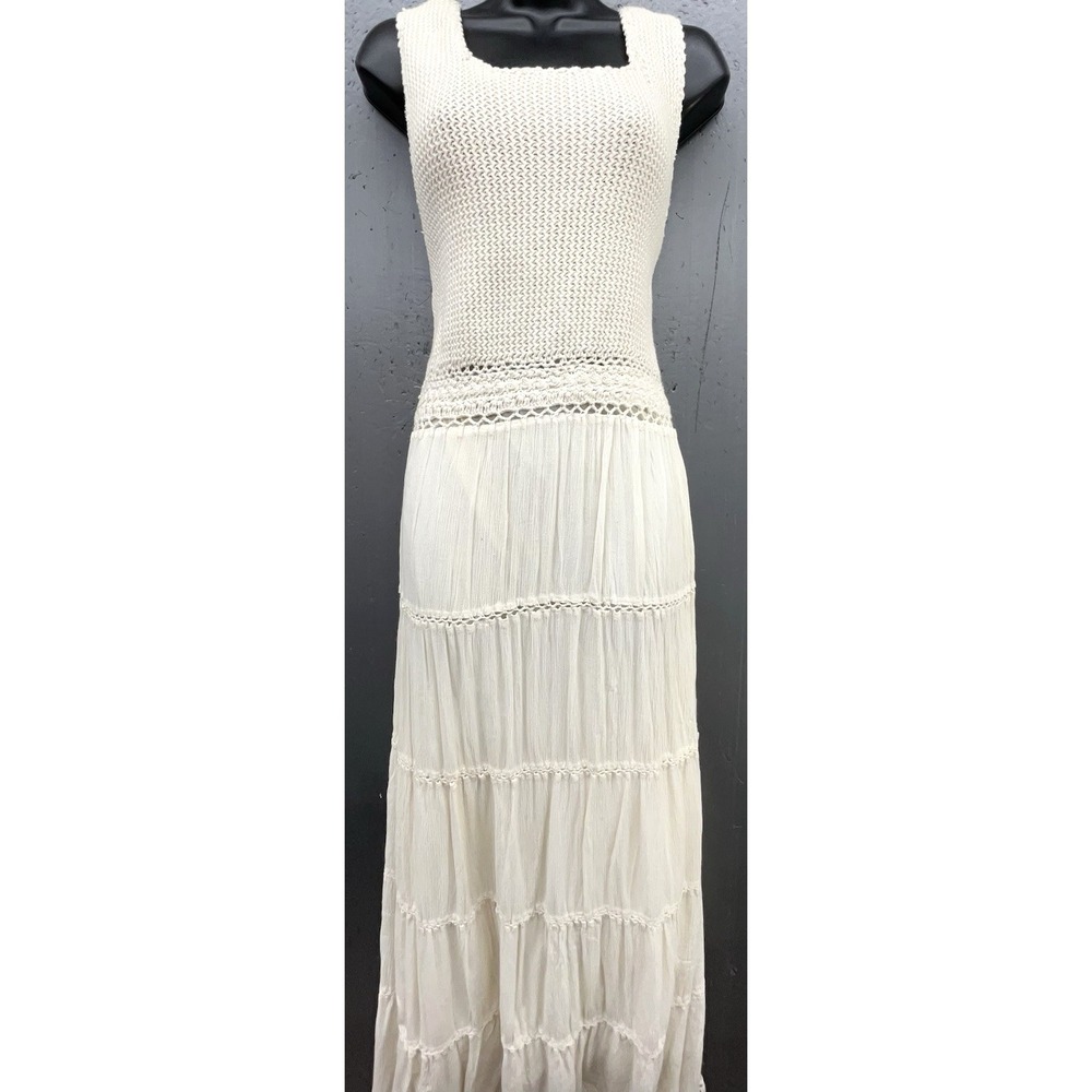 Cotton Crochet Maxi Dress XL Ivory Cream Boho Cottage Coastal Preppy Beachy